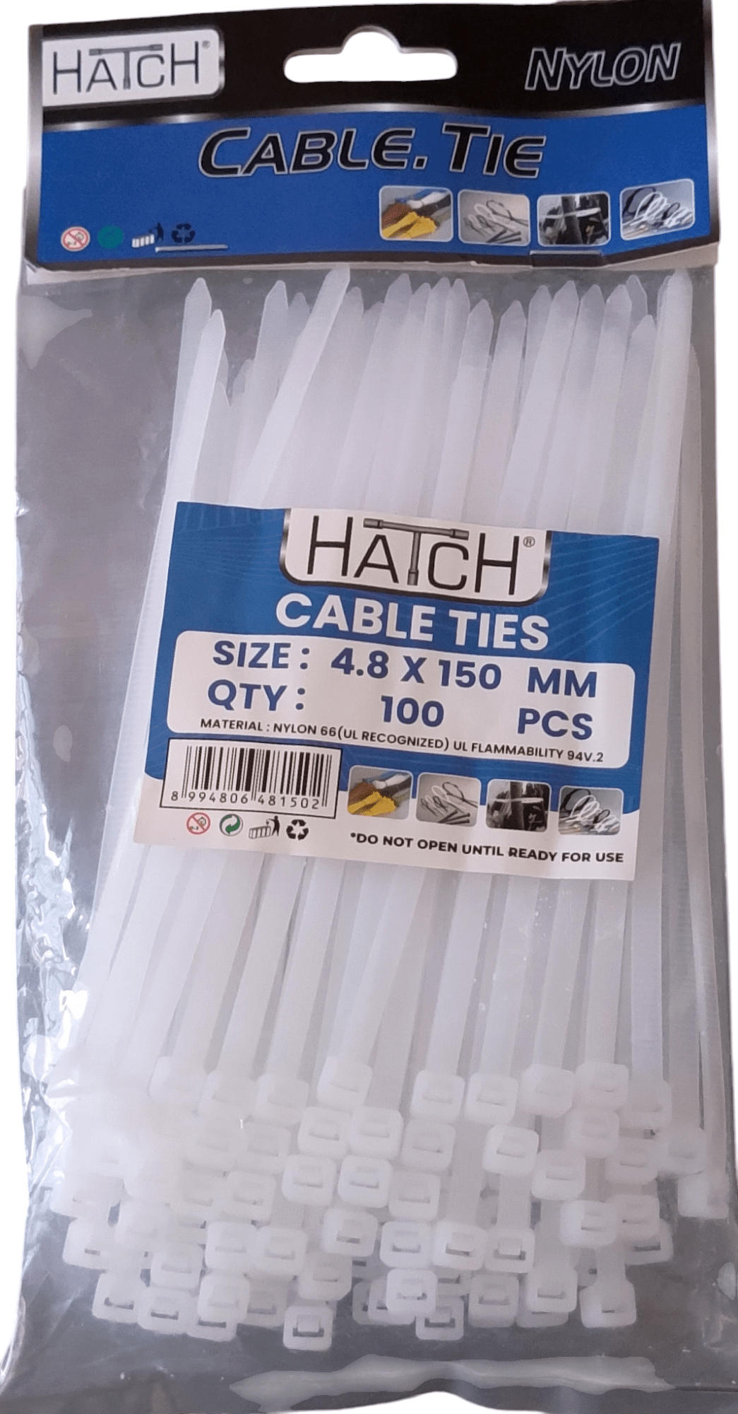Cable Tie - White HATCH 150mm